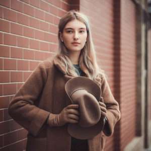 Photographie du mannequin portant le manteau laine marron YML